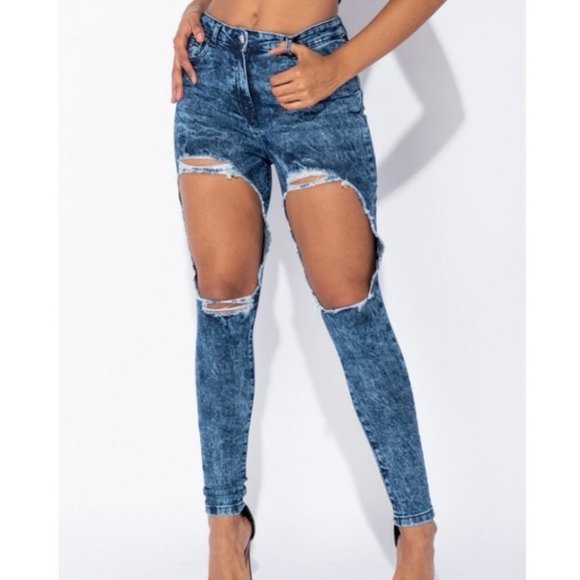 Blue Acid Wash High Waist Ripped Distressed Skinny Jeans Denim Pants - Picture 2 of 10
